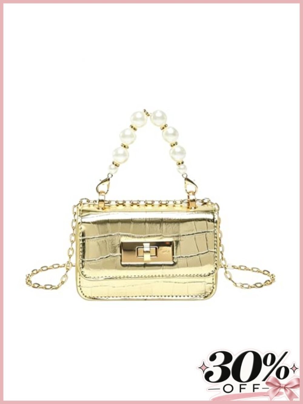 PU Leather Mini Crossbody Bag with Pearl Handle & Gold Chain Strap